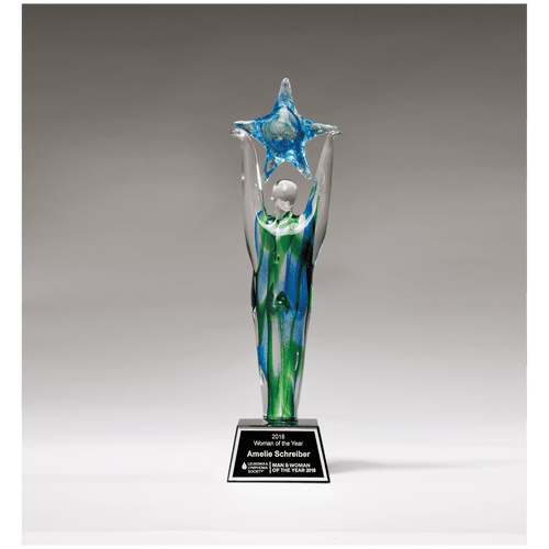 11 1/2" Star Achiever Art Glass on Clear Glass Base with Black Laserable Aluminum Plate
