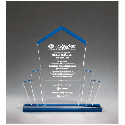 10" x 10 3/4" Large Tower Spotlight Clear Acrylic with Blue Accent on Blue Acrylic Base