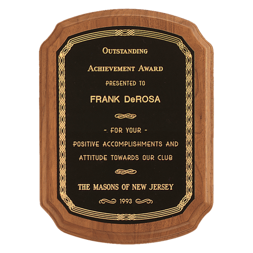 10 1/2" x 13" Coventry Series American Walnut Plaque with Gold Border Laserable Black Brass Plate