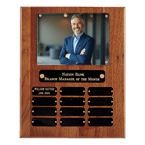 10 1/2" x 13" American Walnut 12 Plate Photo Plaque w/Black Brass Plates-Holds 5" x 7" Photo