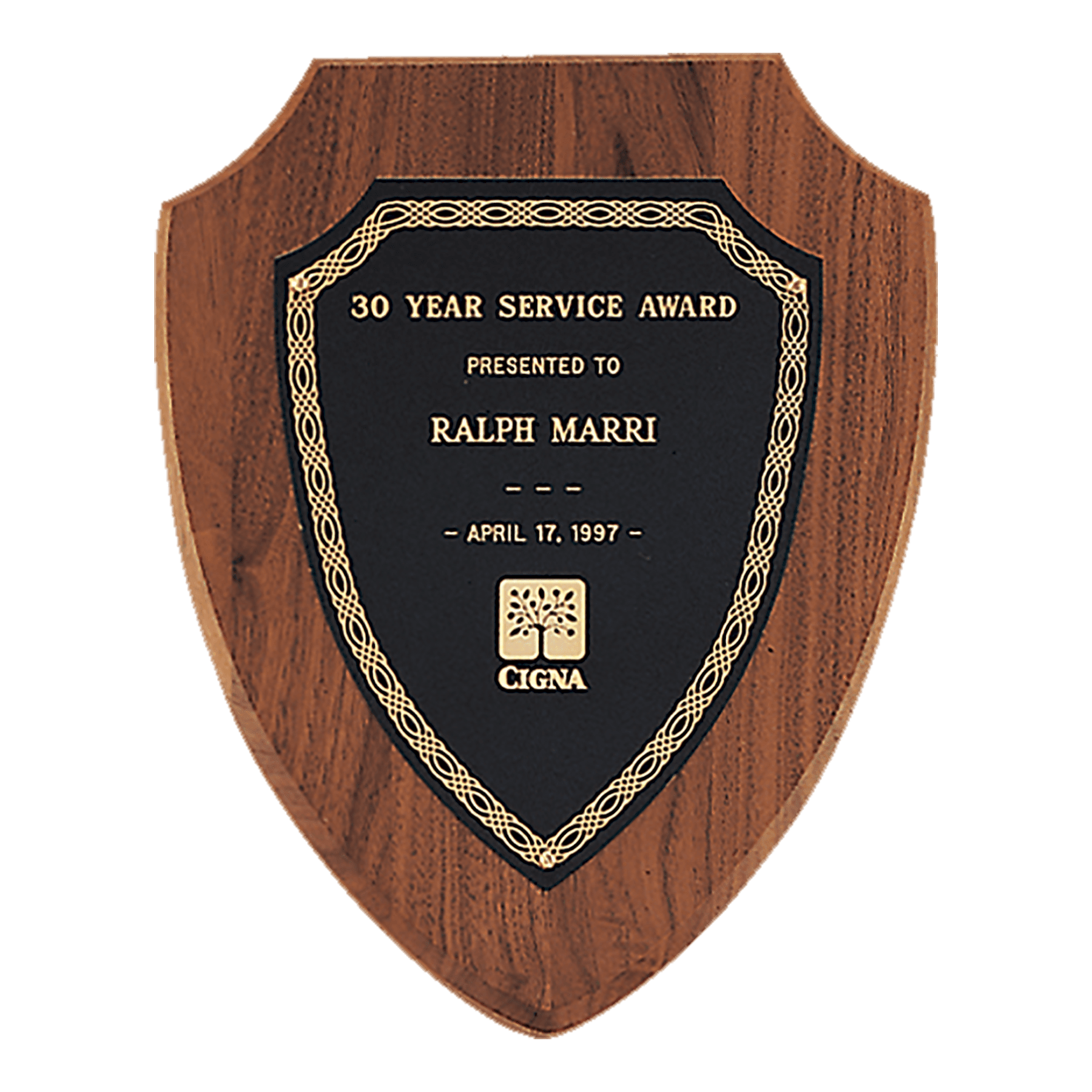 Black Laserable Gold Border Shield Plate on an American walnut 2 7 1/4" x 9" Jewelers Shield Plaque- Sheffield Series