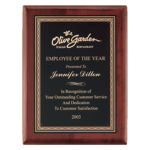 10 1/2" x 13" Airflyte Premium Rosewood Piano Finish Plaque with Gold Border Black Laserable Brass Plate