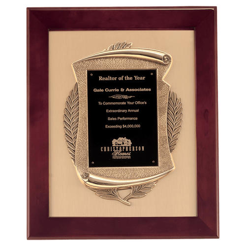 14" x 17" Rosewood Piano Finish Frame with Antique Bronze Casting          with Black LaserFX Plate on Brushed Gold Metal Background