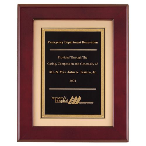12" x 15" Rosewood Piano Finish Frame with Black LaserFX Plate on Brushed Gold Metal Background