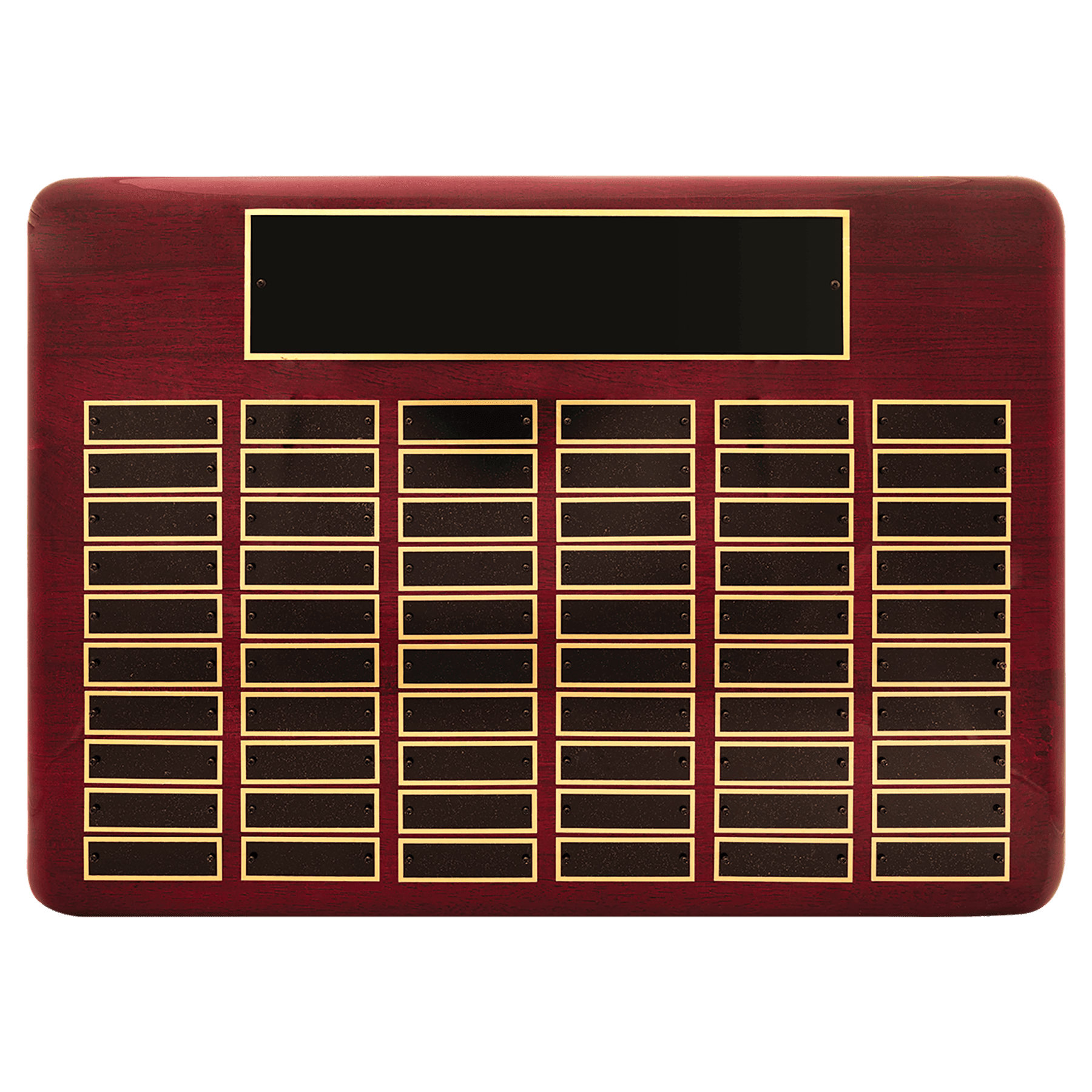 Rosewood Piano Finish 60 Plate Perpetual Plaque with Black Brass 15" x 21"/Plates 7/8" x 2 3/4" Plates