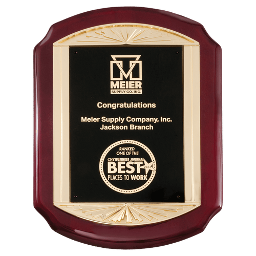 11" x 15" Rosewood Piano Finish Plaque with Metal Gold Sunburst Frame      Casting and Black LaserFX Plate